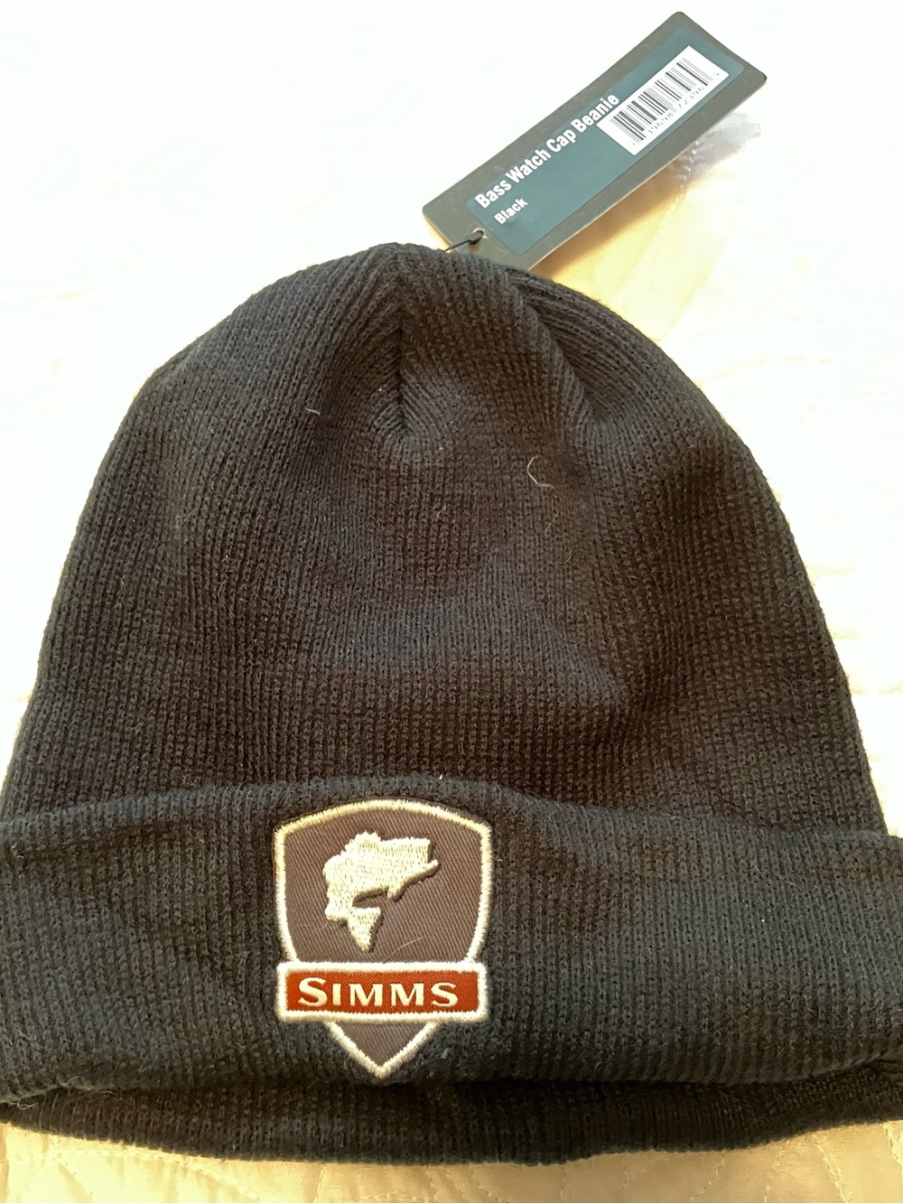 Simms Black Beanie with Cream and Rust color fish patch